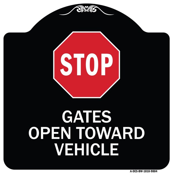 Designer Series-Stop Gates Open Toward Vehicle Black & White Alum, 18" x 18", BW-1818-9884